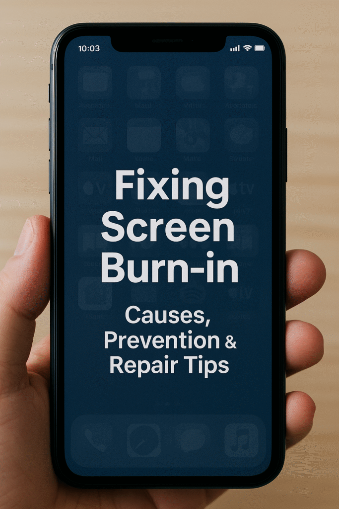 Smartphone showing screen burn-in with faint ghost icons, held in hand, featuring blog title “Fixing Screen Burn-in: Causes, Prevention & Repair Tips” on display.
