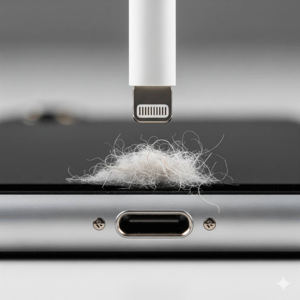 A close-up shot of an iPhone's charging port with a small amount of lint and debris near the opening. A headphone plug is shown above the port, illustrating the most common cause of an iPhone being stuck in headphone mode.