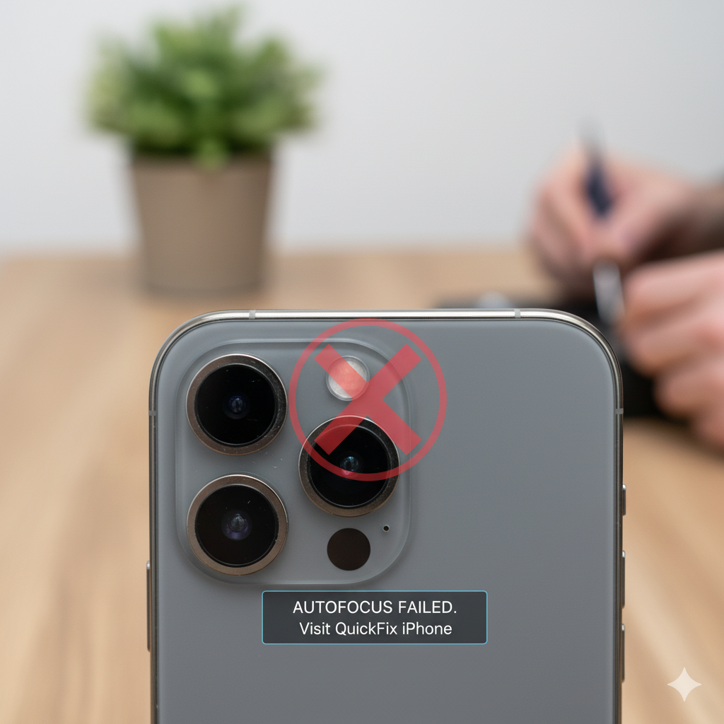 A close-up shot of the back of a modern iPhone, focusing on its camera lenses. A subtle red 'X' icon is superimposed over one of the lenses, indicating a problem. Below the camera, a text overlay reads "AUTOFOCUS FAILED. Visit QuickFix iPhone." The background is blurred, hinting at a workspace or repair environment.