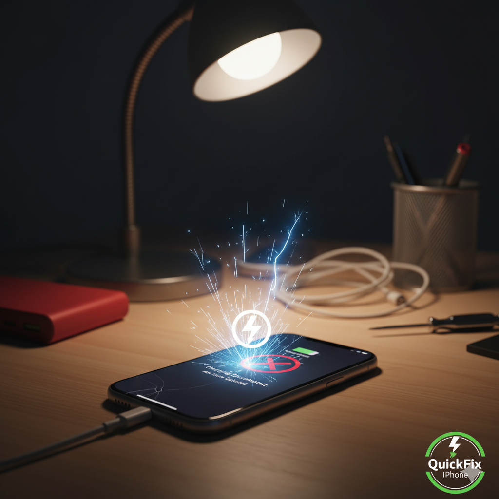 A dark image of an iPhone on a wooden desk with a charging cable connected, but a glowing red "X" and a "Charging Disconnected: An issue detected." message are visible on the screen, illustrating the phone unplugging itself. Sparks emanate from the charging port area.