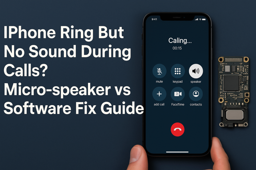 Header image showing an iPhone on a call screen with the title “iPhone Ring But No Sound During Calls? Micro-speaker vs Software Fix Guide” displayed beside it, symbolizing repair and troubleshooting of sound issues.