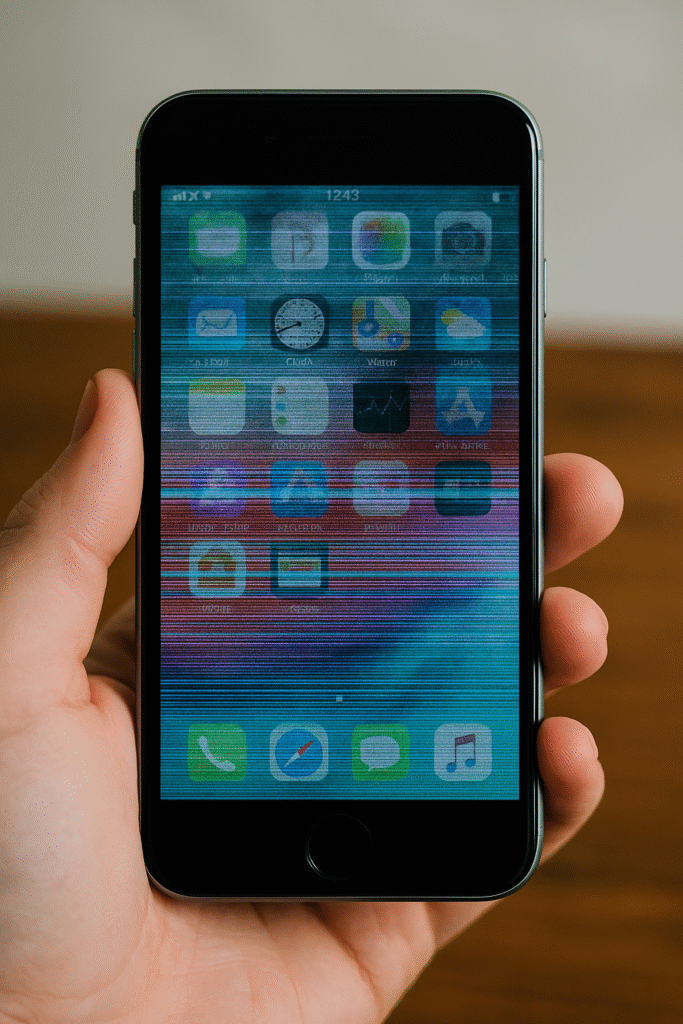 Close-up of an iPhone with a glitchy, distorted screen showing horizontal colored lines, held in a person’s hand on a wooden background.