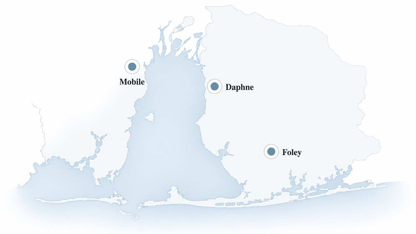 Map of the Alabama Gulf Coast showing Quick Fix locations in Mobile, Daphne, and Foley